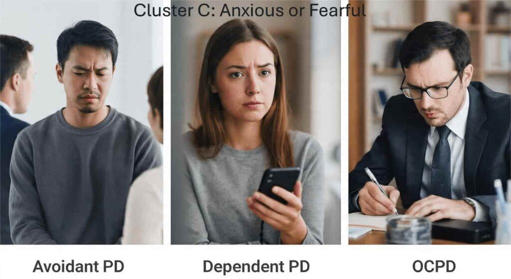 A three-panel photograph collage with text labels at the bottom. The left panel shows a man with a distressed expression, looking down and away, labeled "Avoidant PD". The middle panel shows a woman holding a smartphone with a concerned look, labeled "Dependent PD". The right panel shows a man in a suit and tie, wearing glasses and writing intensely in a notebook, labeled "OCPD".