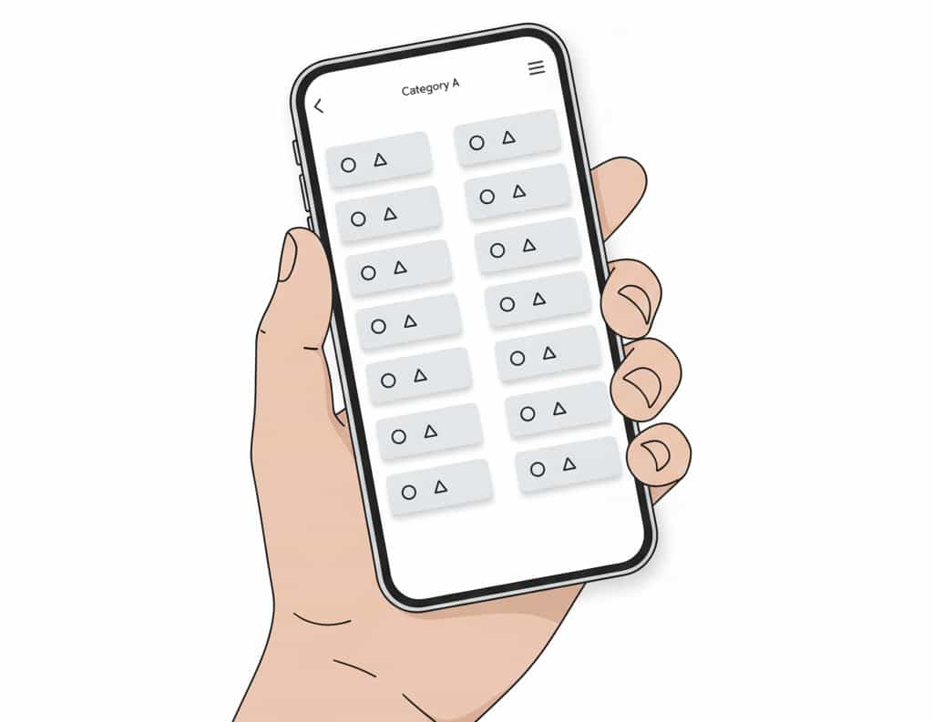 Illustration of a hand holding a smartphone showing a list of consistently aligned interface elements, each containing a circle and a triangle. The screen category is 'Category A'.