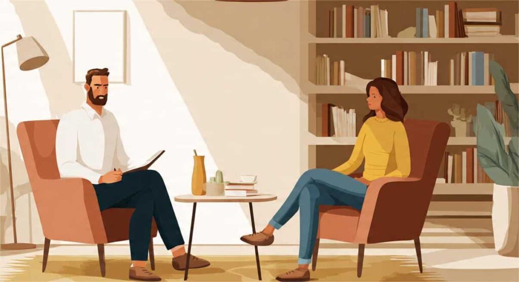 An illustration of a calm, professional therapy room. A male therapist sits in a chair taking notes, facing a female client who is seated opposite him. The image represents professional support and counseling for mental health conditions like Major Depressive Disorder.