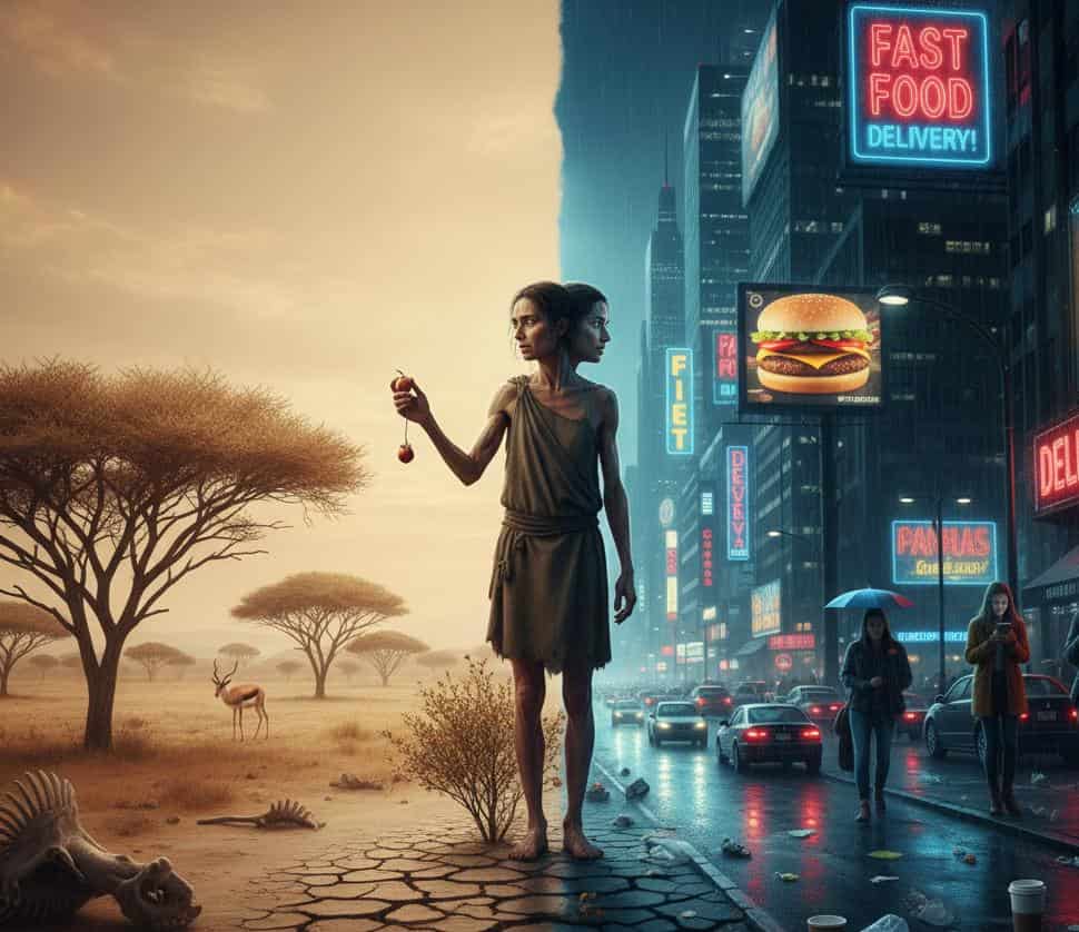 A central human figure with two faces stands split between a cracked, dry African savannah landscape on the left, featuring acacia trees and animal bones, and a wet, rainy modern city street on the right, filled with neon signs, traffic, and litter. The image visually represents the tension between ancient human biological needs and modern environmental stressors.