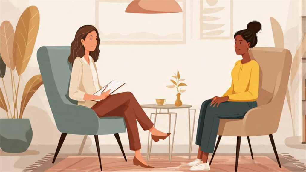 wo women are seated comfortably in a bright, modern therapy room, facing each other in conversation. One woman, presumably the therapist, holds a clipboard, actively listening to the other woman, the client, who is speaking. The scene reflects a focused, collaborative therapeutic discussion characteristic of CBT.
