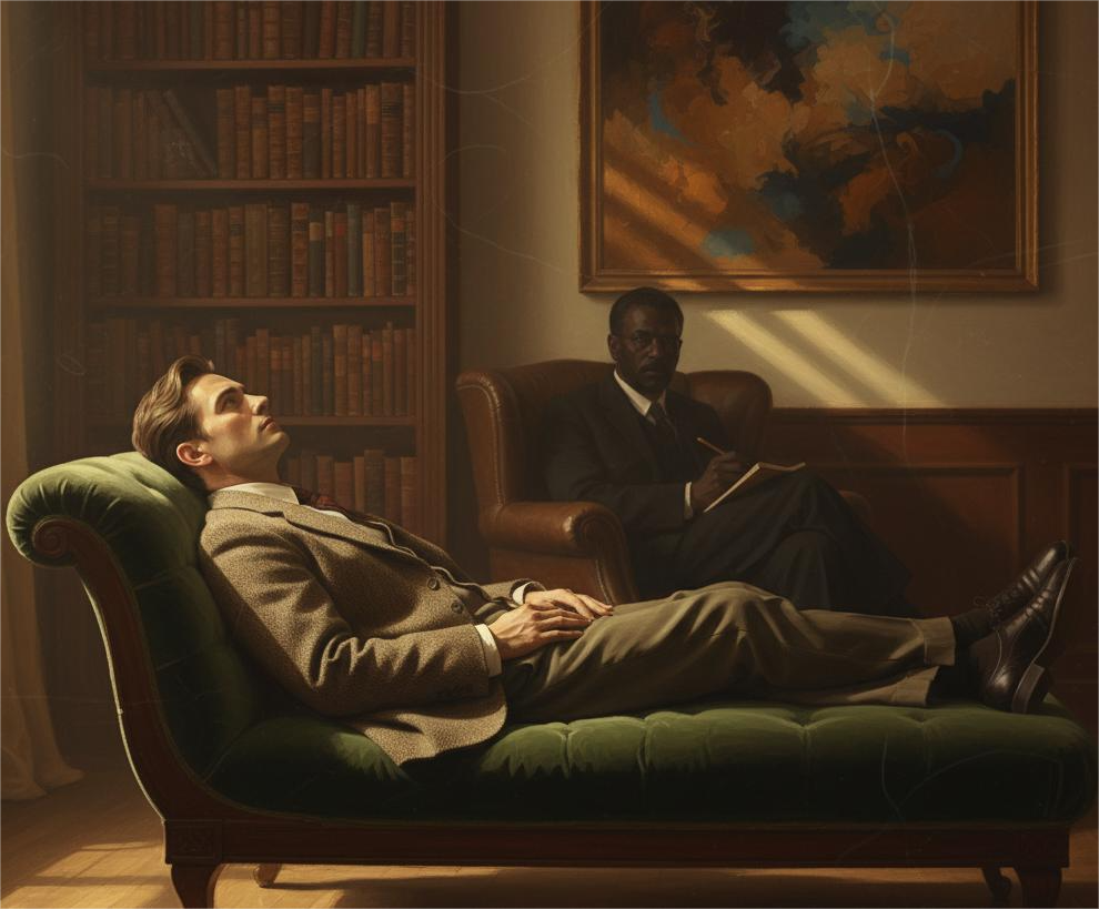 A soft, vintage-style therapy room with muted lighting. A patient reclines on a traditional therapy couch, gazing upward in a reflective manner. The psychoanalyst is seated behind the patient, mostly unseen, taking notes. The scene symbolizes deep introspection and the exploration of the unconscious mind.