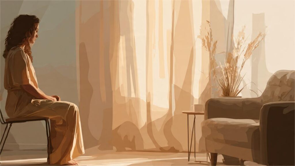A softly lit, modern therapy room. A client sits alone on one chair, facing an empty armchair. The client is looking at the empty chair, engaged in a dialogue exercise to externalize an internal conflict or unfinished business, symbolizing the Empty Chair Technique.