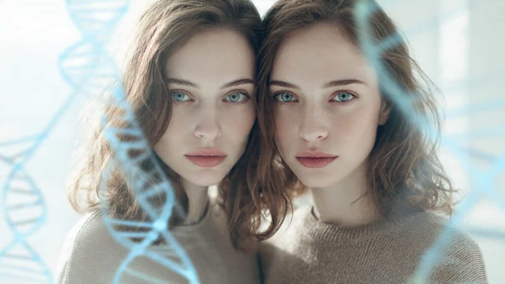 A highly realistic, studio-quality portrait showing two young women who are identical twins, looking directly at the camera with intense expressions. Subtle, glowing blue double helix DNA structures are overlaid on the image, symbolizing their shared genetic code.