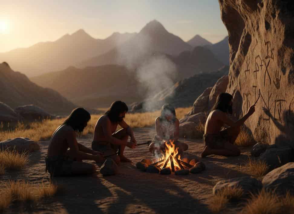 A wide-angle, realistic illustration of a Stone Age scene at sunrise. Four early human figures sit outside a rocky cave entrance around a smoky campfire. One figure on the right is drawing rudimentary symbols onto the rock wall. Misty mountains and an orange-blue sky fill the background, emphasizing the atmospheric, dawn setting.