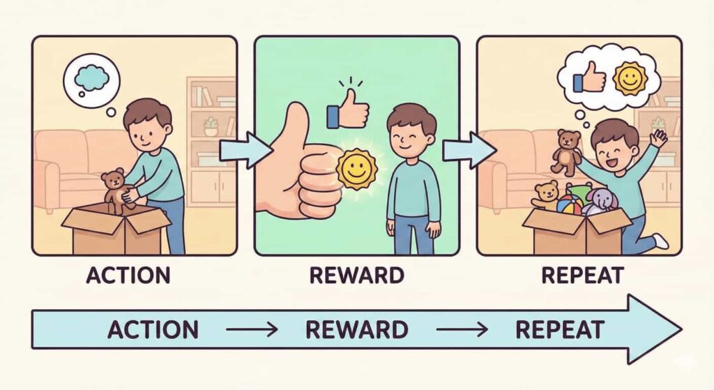 A three-panel cartoon illustration showing the cycle of positive reinforcement. Panel 1 'ACTION': A boy puts a toy teddy bear into a box. Panel 2 'REWARD': A large hand gives a thumbs-up and a smiling sun icon to the happy boy. Panel 3 'REPEAT': The boy, thinking of the reward, happily fills the box with many toys. Below is an arrow with text 'ACTION → REWARD → REPEAT'.