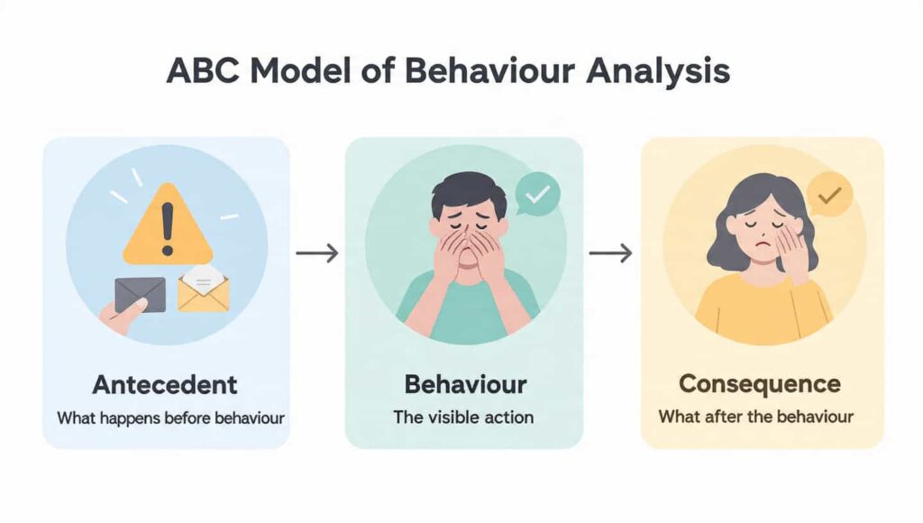 A clean, modern infographic illustrating the ABC Model of Behaviour Analysis. Three connected boxes show the flow: Antecedent (Icon: alert/email notification, representing the trigger) $\rightarrow$ Behaviour (Icon: a person reacting, representing the visible action) $\rightarrow$ Consequence (Icon: a checkmark on a sad face, representing the outcome or temporary relief that reinforces the action).
