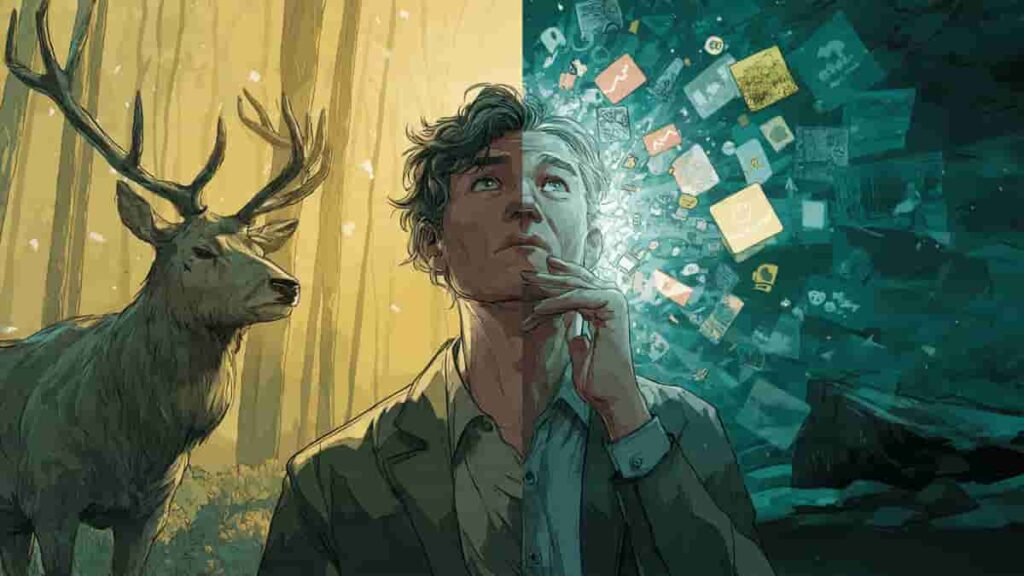 A split-screen illustration comparing a deer in a natural forest representing instinctive animal decision-making with a man surrounded by digital data representing complex human overthinking.