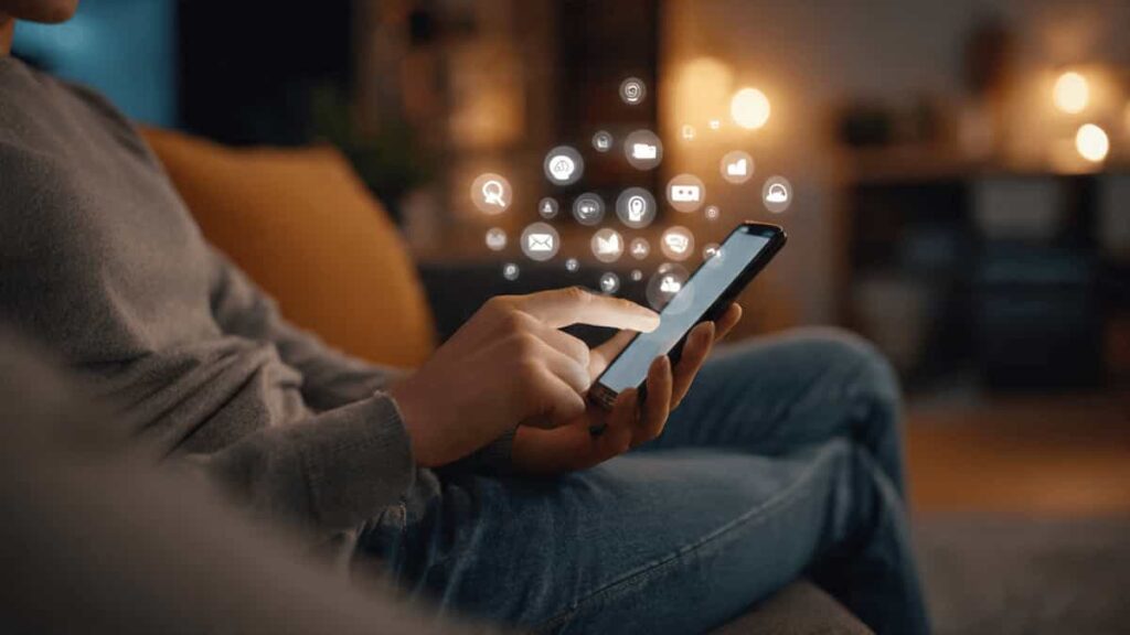 A hand holding a smartphone with a glowing notification icon, symbolizing the dopamine reward system.
