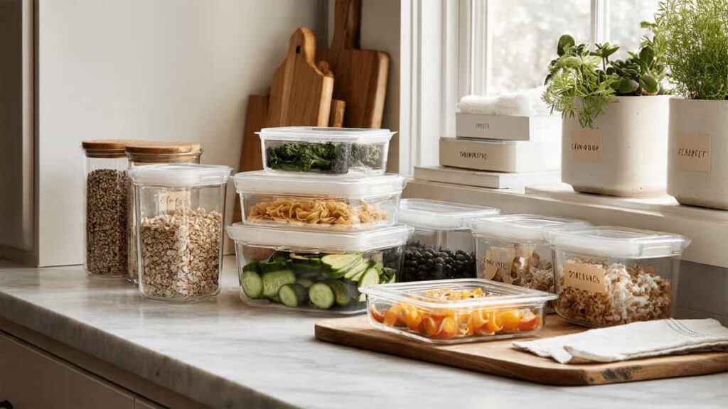 Clear containers of healthy food organized in a bright kitchen, representing environmental design for habit success.