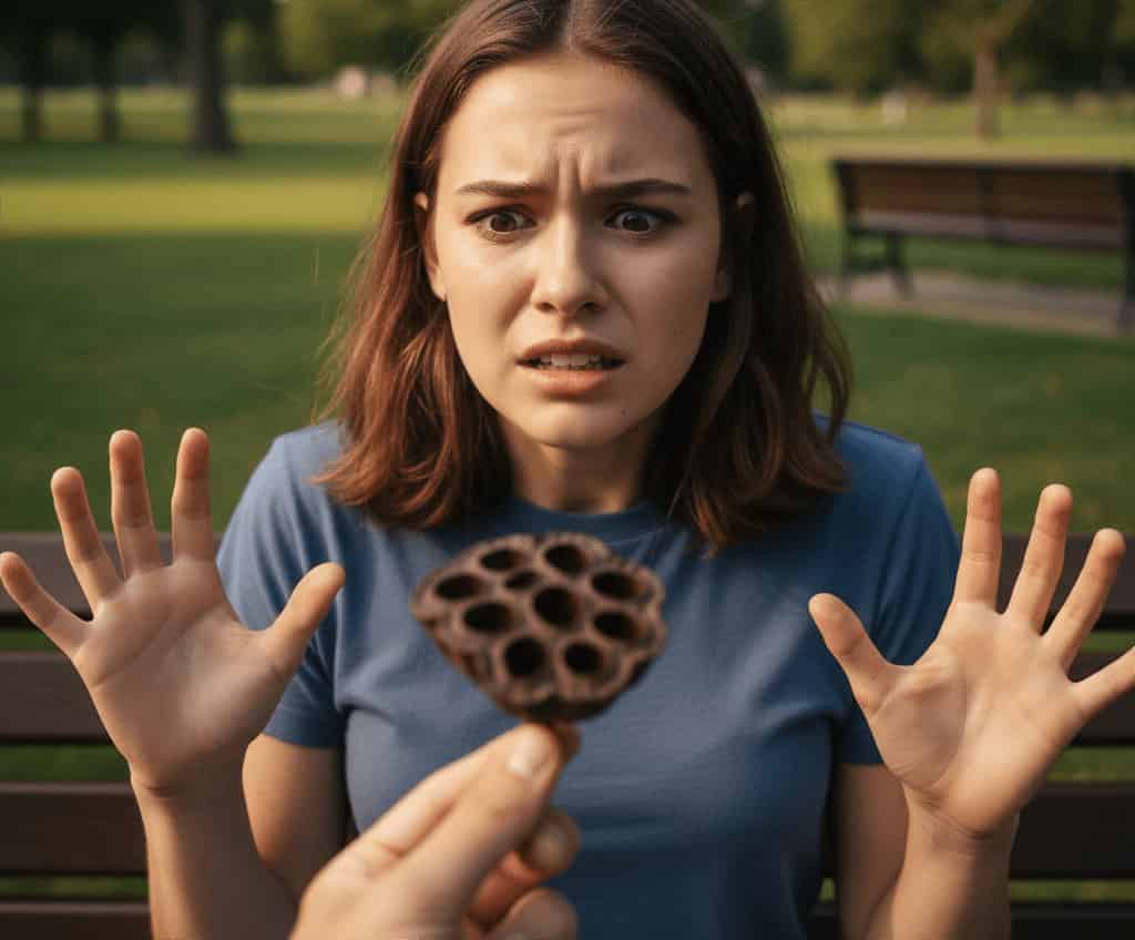 A teenage girl sitting on a park bench looking with intense fear and disgust at a lotus seed pod held in front of her.