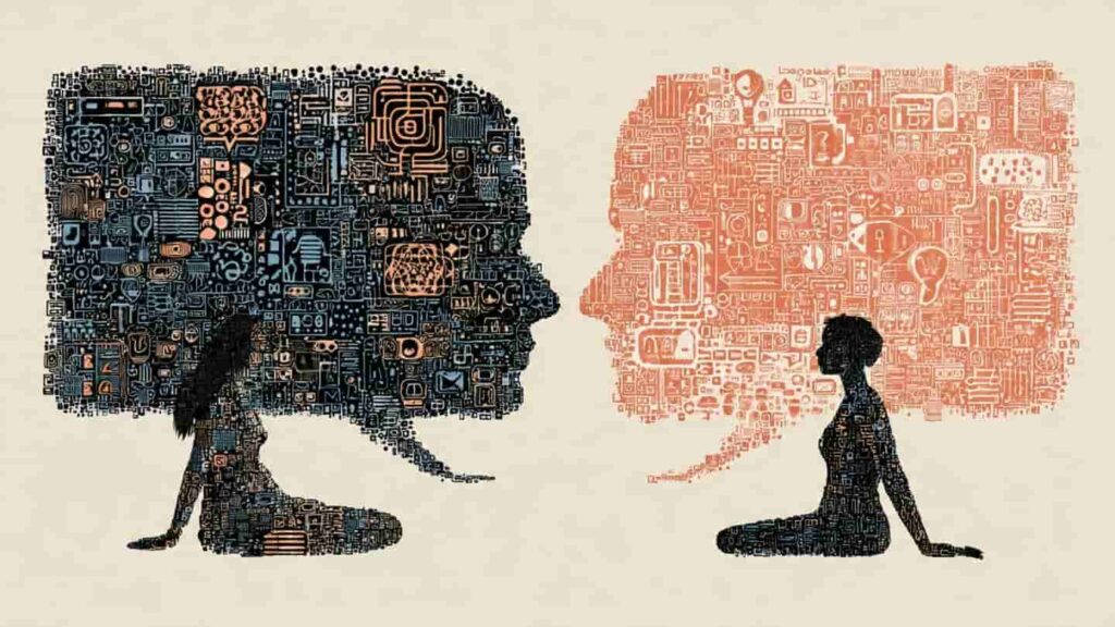 Diagram showing the difference between complex human dialogue and simplified algorithmic answers.
