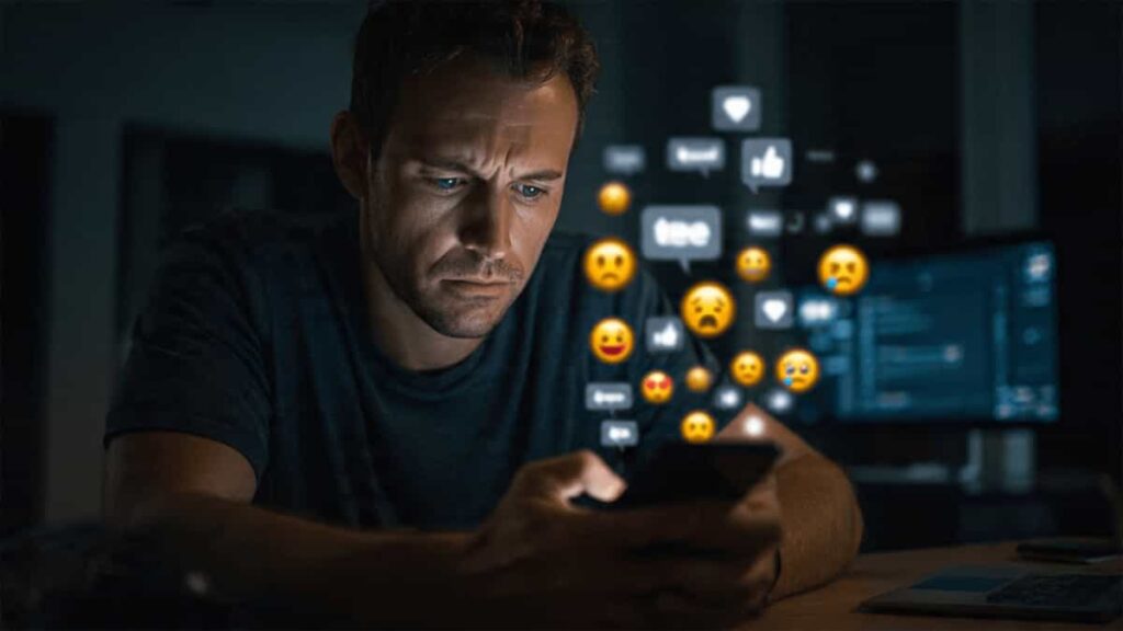 A person reacting intensely while reading comments on a smartphone in a dark, quiet room.