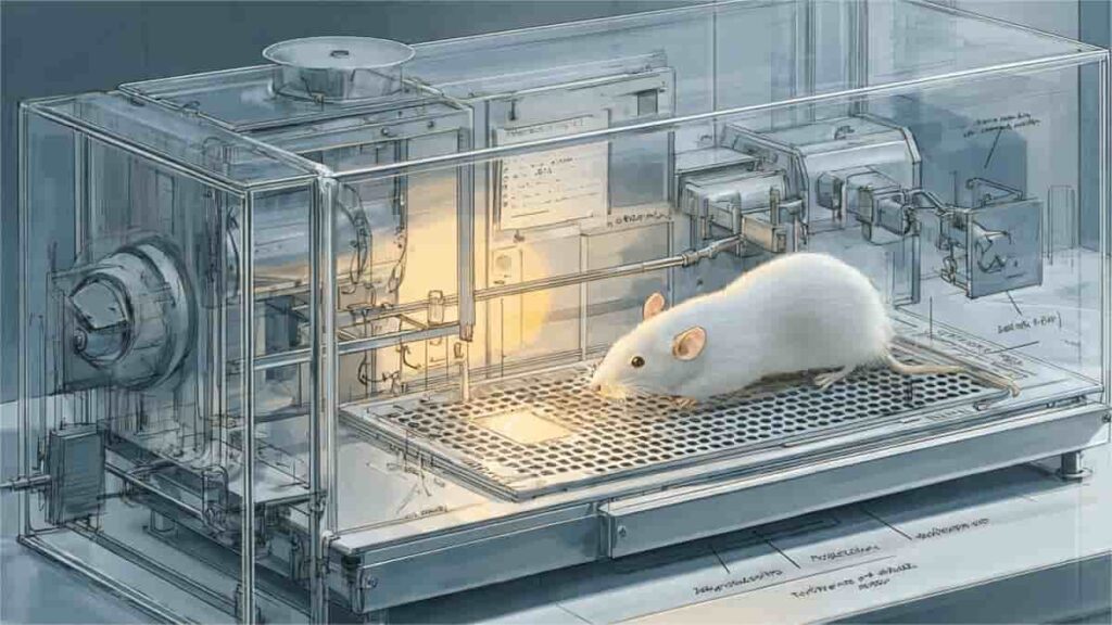 A detailed, transparent scientific illustration of B.F. Skinner's Operant Conditioning Chamber (Skinner Box). A white laboratory rat is centered inside the chamber, resting on a metal grid floor near a lever. The components for reinforcement (food dispenser and light cue) are visible, along with technical labels, emphasizing a clean, educational, and realistic laboratory setting.