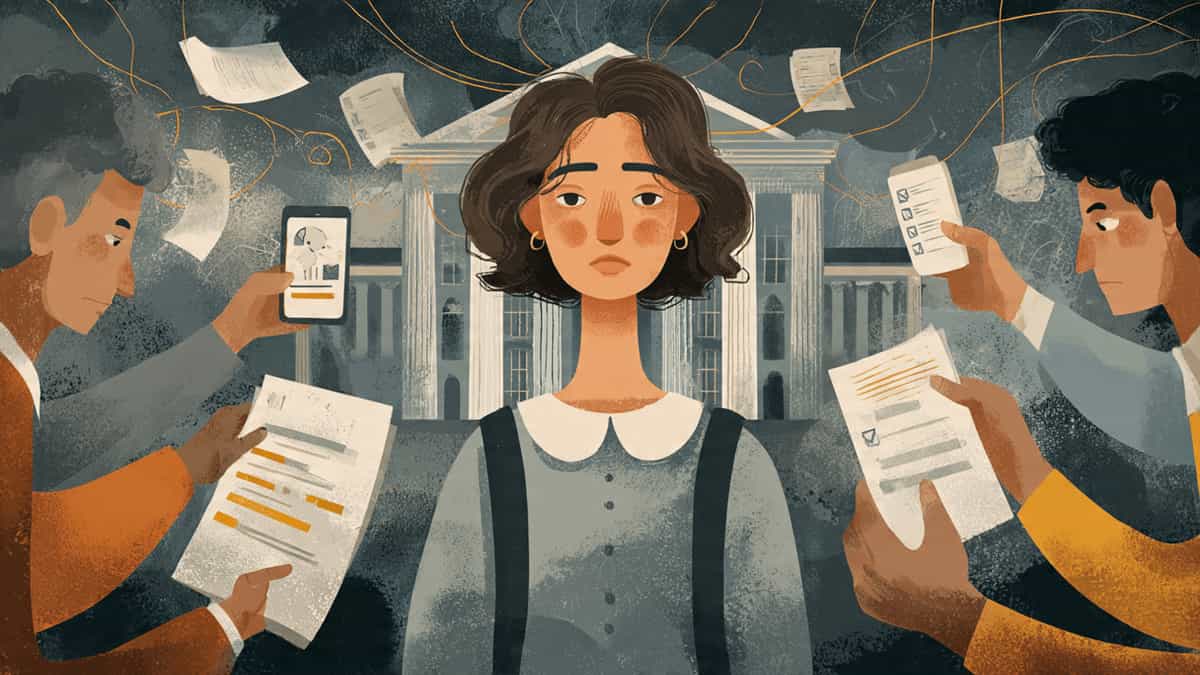 Illustration of a stressed student surrounded by hands holding rankings, exams, and smartphones, representing external validation and social comparison.
