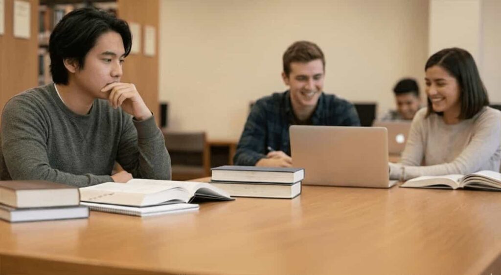 A group of university students studying at a large wooden table in a library. In the foreground, a young man in a green sweater rests his chin on his hand while looking thoughtfully at several open books. In the blurred background, two other students smile as they look at a laptop screen together.