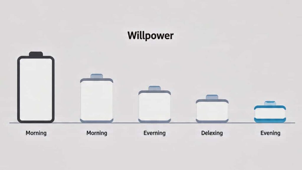 A series of battery icons showing willpower levels draining from morning to evening.