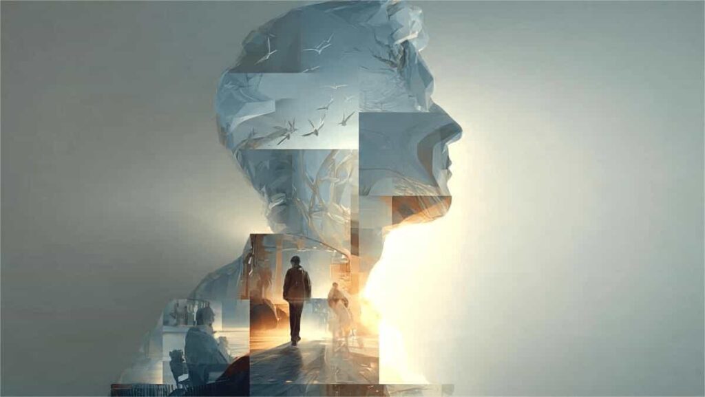 A conceptual digital artwork of a person's profile silhouette composed of fragmented layers. Inside the silhouette, smaller scenes are visible, including a person walking toward a bright light and birds flying, set against a soft, misty grey background.
