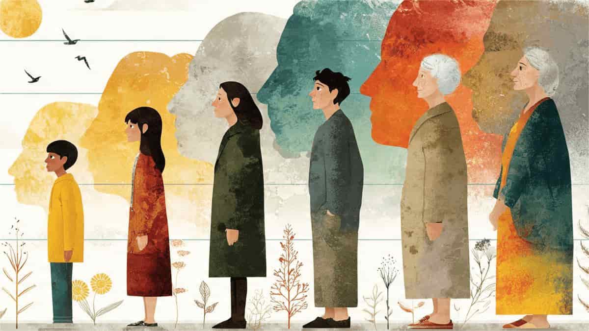 An artistic illustration showing six people of various ages, from childhood to old age, standing in a line. Behind each person is a large, textured silhouette of a profile face in different earthy colors, symbolizing growth and the passage of time.
