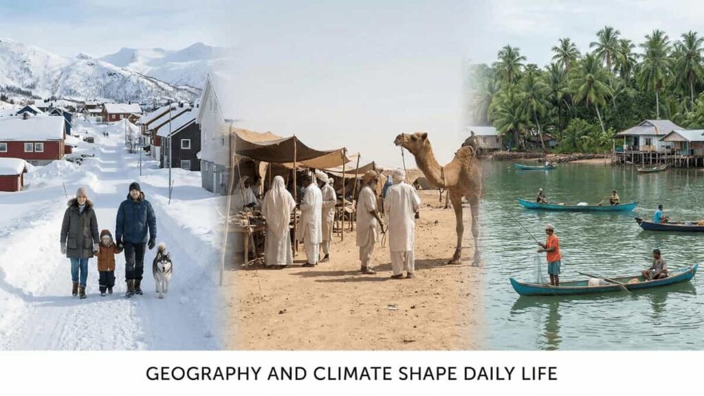 Three different world environments — a snowy town, a desert community, and a tropical coastal village — showing how geography and climate influence lifestyle, routines, and social behavior.