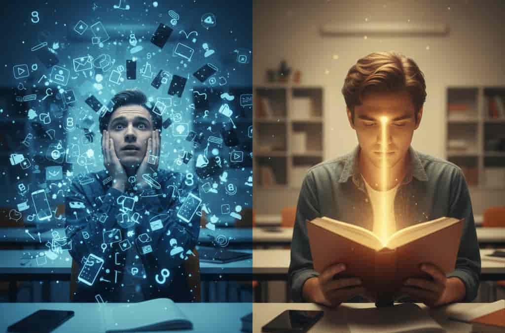 A split-screen comparison: on the left, a man is overwhelmed by a swirl of glowing digital icons in a dark room; on the right, the same man sits in a warm, lit library, calmly reading a glowing book with a beam of light connecting the pages to his mind.