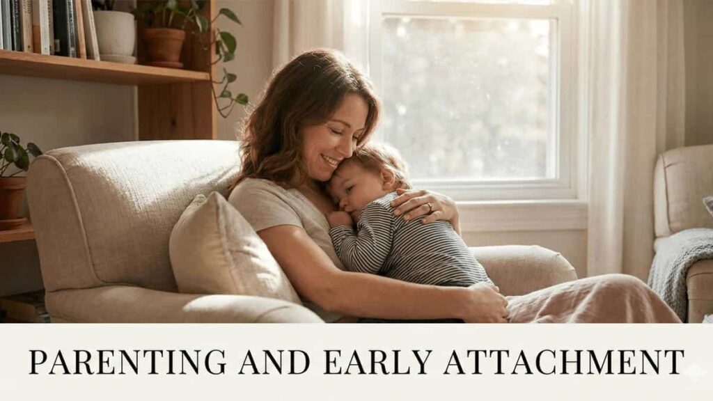Parent comforting and bonding with a young child, representing how early attachment and nurturing shape emotional security and personality development.