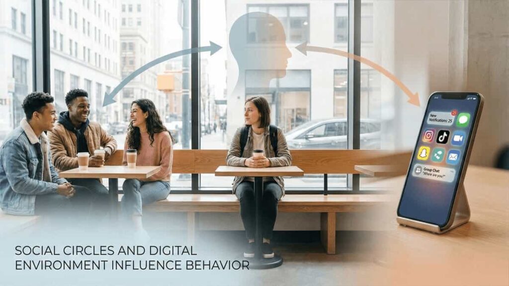 Young adult influenced by friends and smartphone notifications, representing how social circles and digital environments reinforce behaviour in modern psychology.