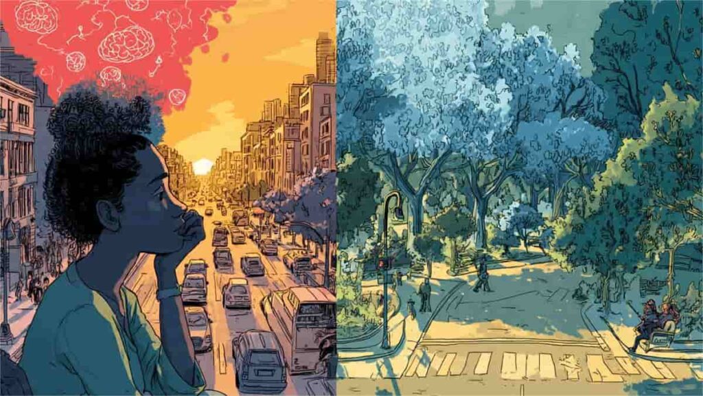 A split-screen illustration comparing a chaotic, orange-toned urban street filled with traffic on the left to a calm, blue and green-toned park scene on the right.