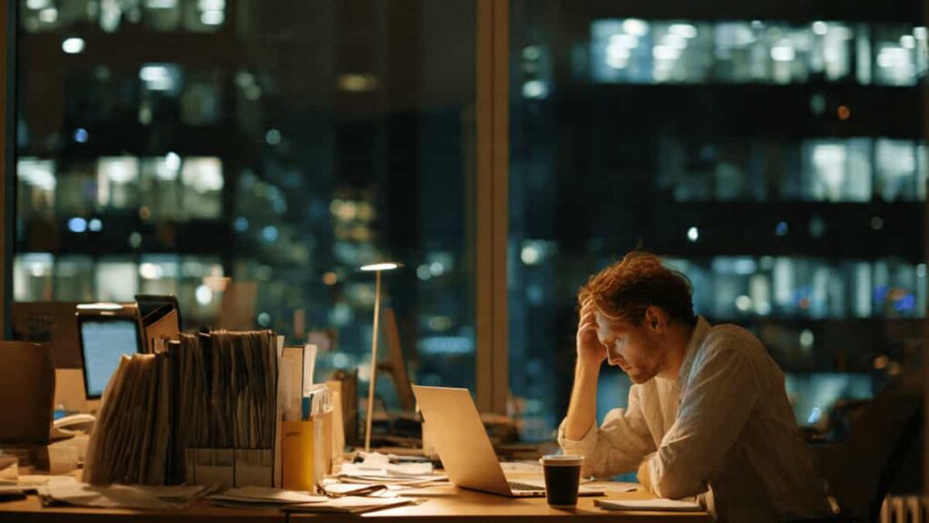 Employee experiencing mental fatigue after long working hours, showing why extended work time reduces efficiency