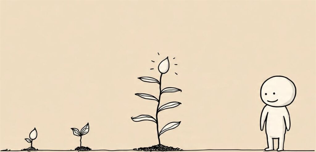 A cartoon illustration showing four stages of the same boy sitting on rising bar graph steps; he is reading a book in the first and last stages, symbolizing intellectual growth.