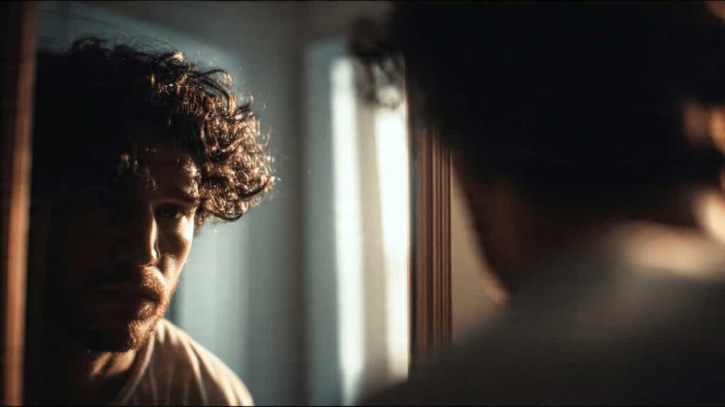 Person observing a subtly distorted reflection in a mirror, symbolizing deindividuation and reduced sense of individual identity