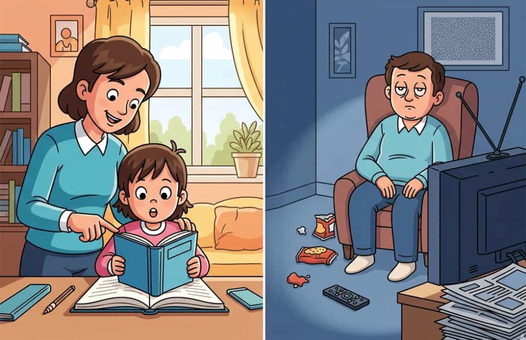 Erikson Generativity vs Stagnation illustration showing nurturing guidance and emotional stagnation