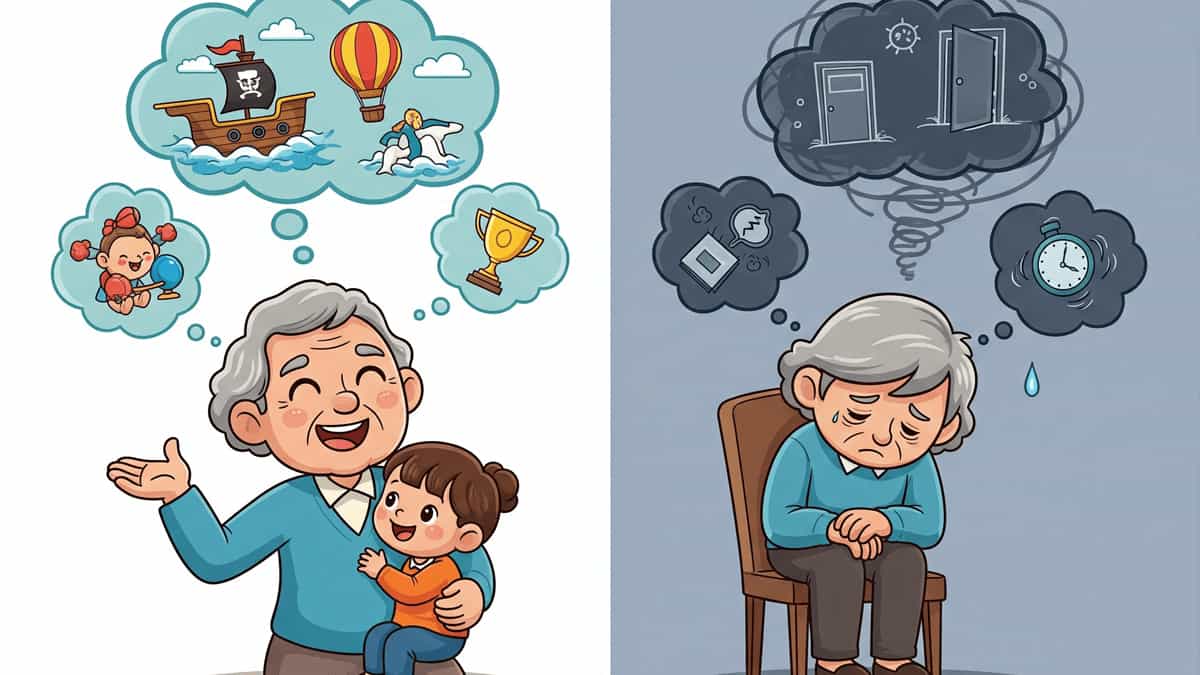 Illustration showing Erikson Stage 8 Integrity vs Despair with life reflection and regret contrast