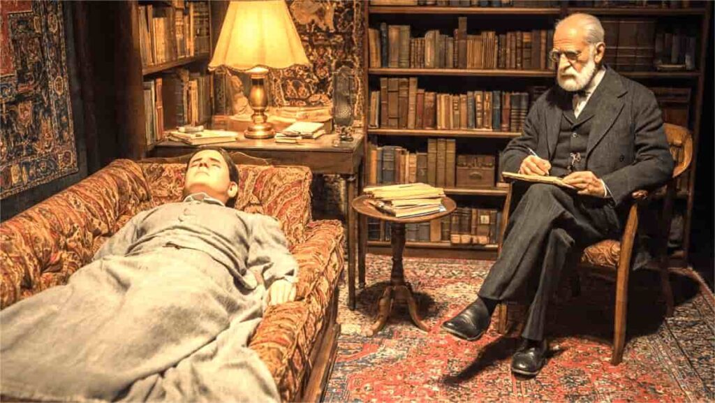 A high-angle view of a vintage psychoanalysis session; an elderly therapist with a white beard sits behind a patient reclining on a tapestry-covered couch, taking notes in a dimly lit, book-filled room with a Persian rug and warm lamp lighting.