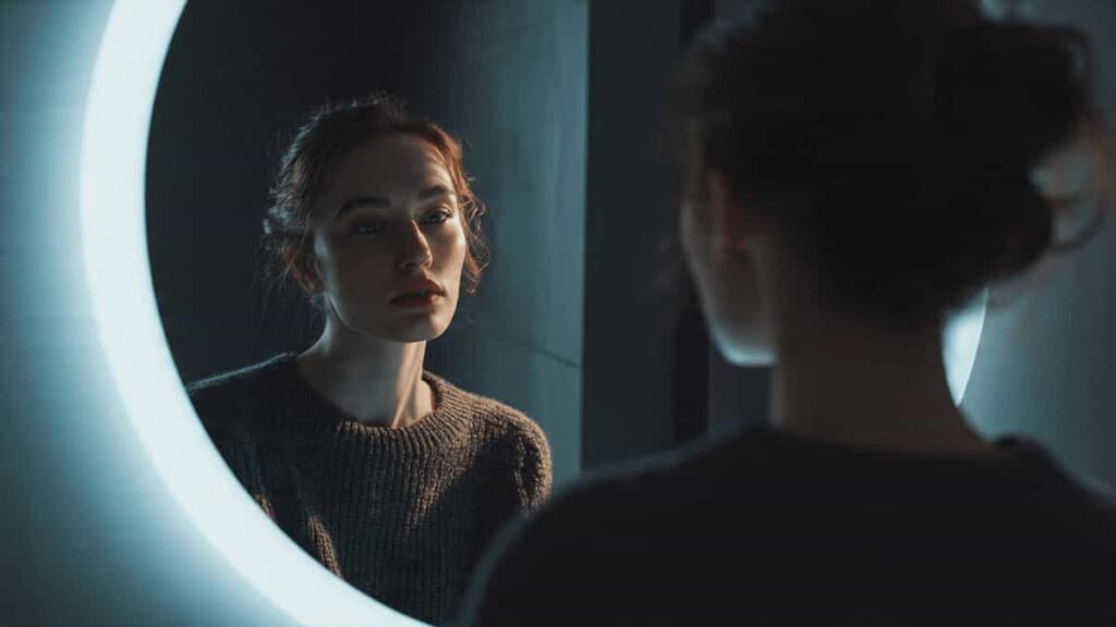 Person observing their reflection with a thoughtful expression, symbolizing identity and habit attachment