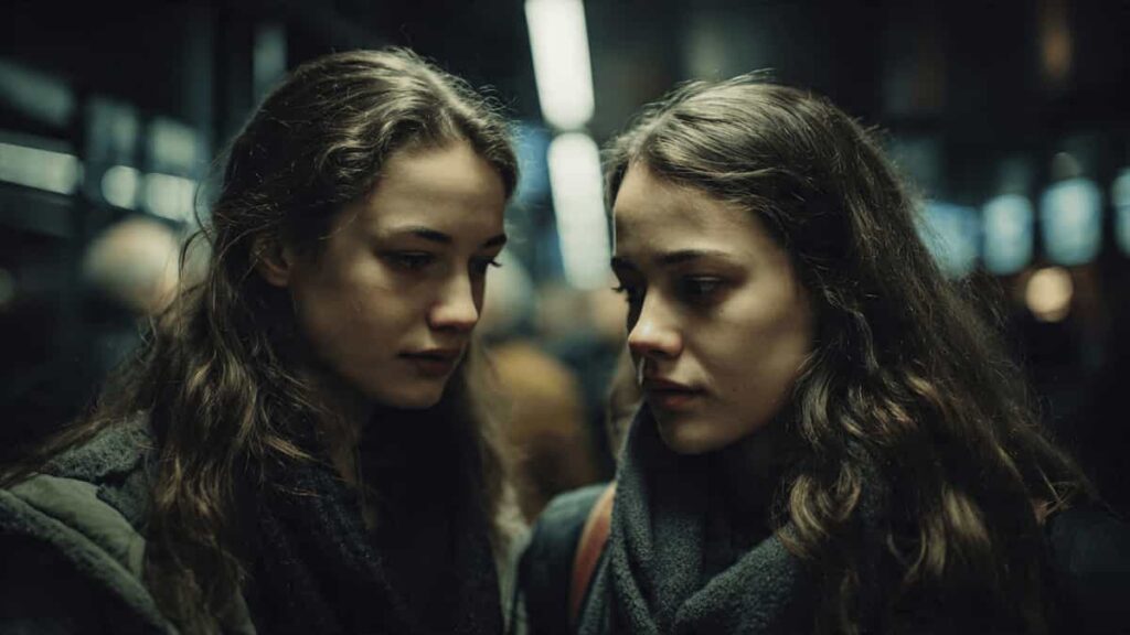 Twins displaying subtly different emotional reactions, symbolizing how similar experiences can lead to different psychological outcomes