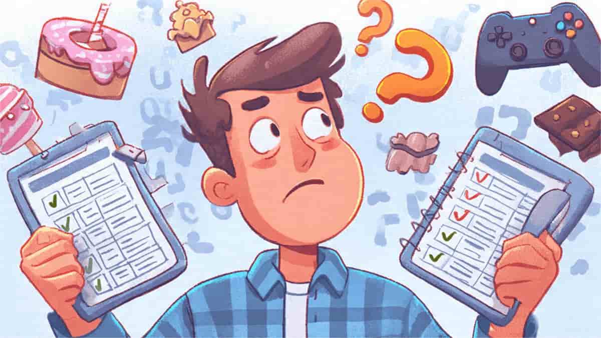 A bright, engaging cartoon of a confused man holding two competing checklists on clipboards. Around him float tempting distractions like a donut, a video game controller, and chocolate, representing the psychological struggle of making rational choices.