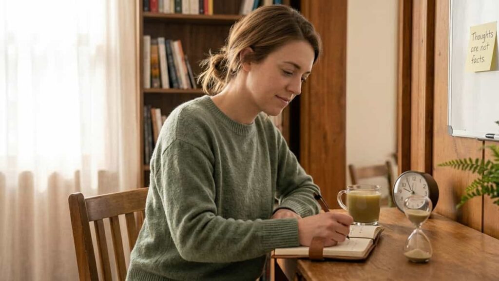 Woman writing in journal with timer and "thoughts are not facts" note, representing psychological techniques to manage overthinking