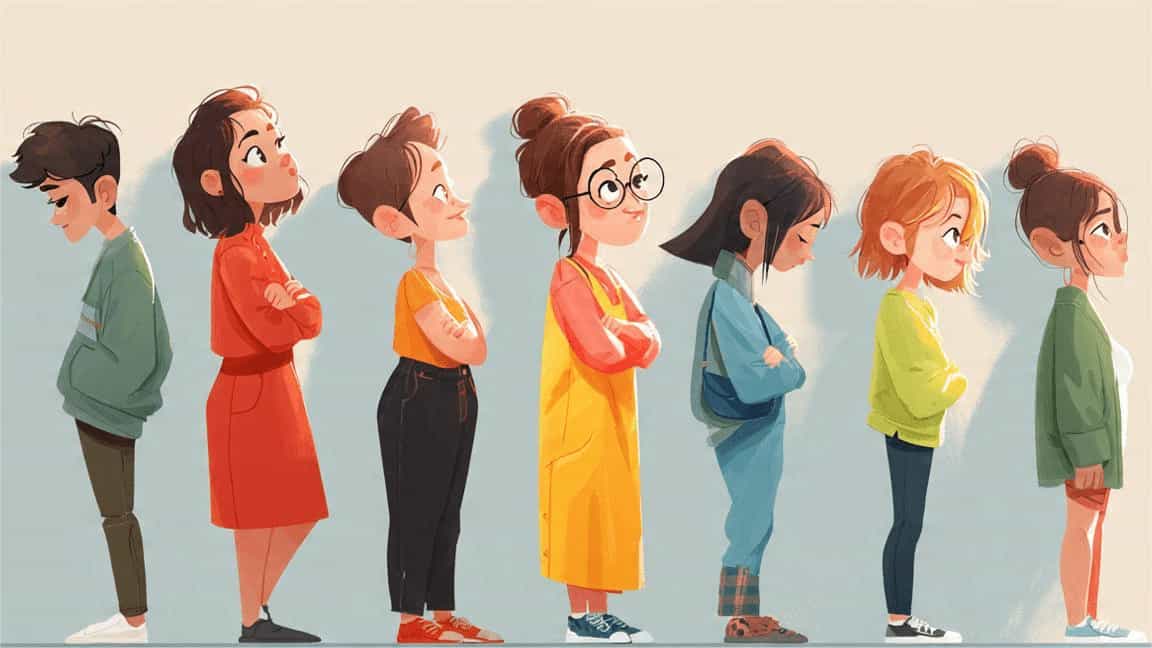A clean, expressive cartoon illustration of a diverse line of people standing in a row. They exhibit various body languages—some with arms crossed, some looking down, and others looking forward—symbolizing the subtle influence of social pressure and the psychology of group belonging.