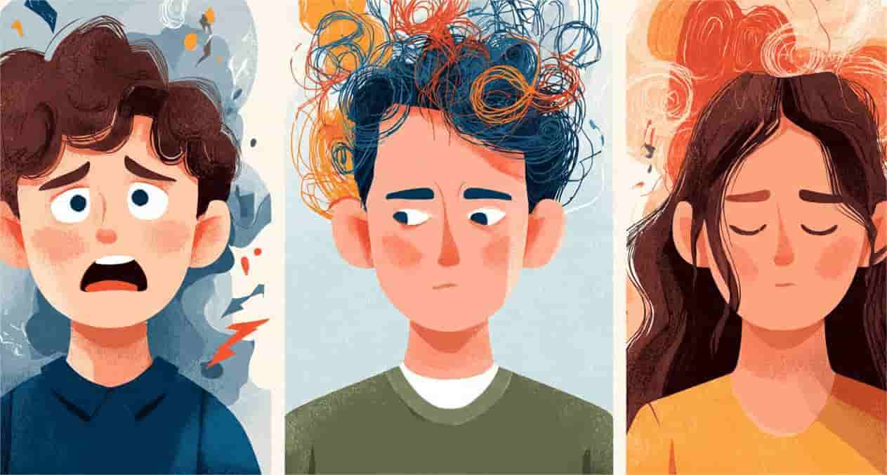 A three-panel psychological illustration showing a child with chaotic jagged lines of emotion, a teenager with tangled colorful scribbles, and an adult with soft, contained clouds and closed eyes, representing the development of emotional maturity.