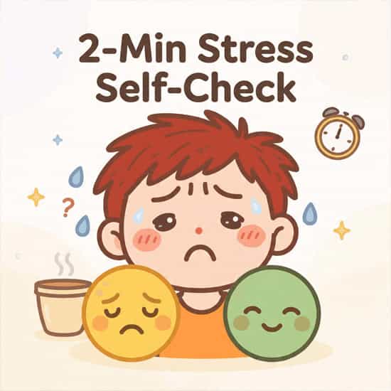 2 minute stress self check tool illustration showing stressed character and emotional states