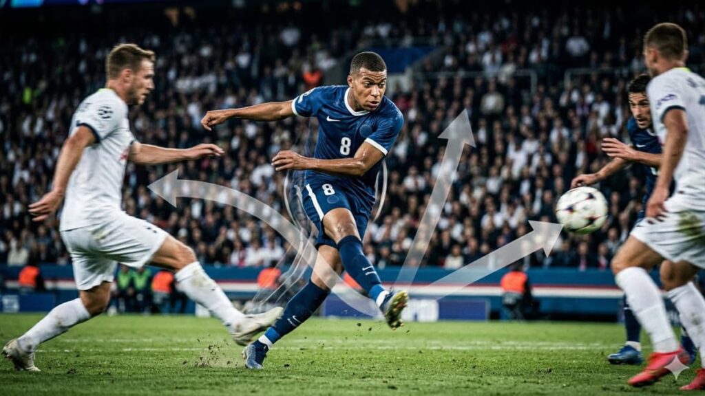 Football player analyzing multiple passing options showing decision-making psychology in soccer