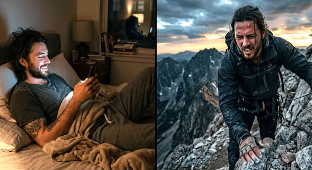 A split image showing a relaxed man in bed on the left and a determined man climbing a rugged mountain ridge on the right.