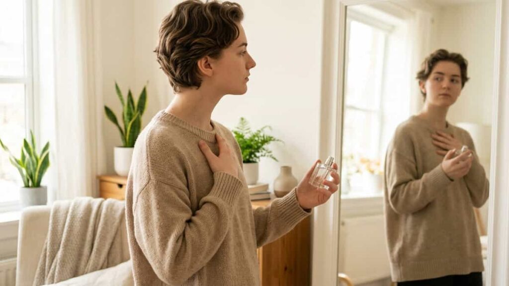 Young person holding a perfume bottle while looking in the mirror, reflecting on choosing a scent that matches their true identity
