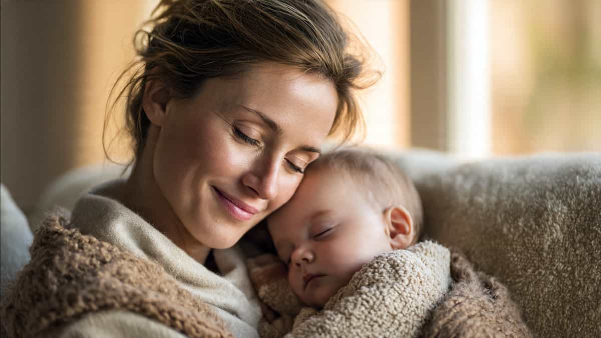 A calm middle-aged woman gently holding a sleeping baby, with a warm smile, representing the Caregiver archetype's nurturing and protective nature