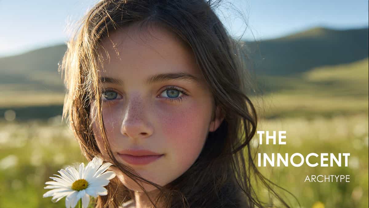 A calm person standing in a sunlit meadow holding a white flower, representing the innocent archetype's search for safety and happiness