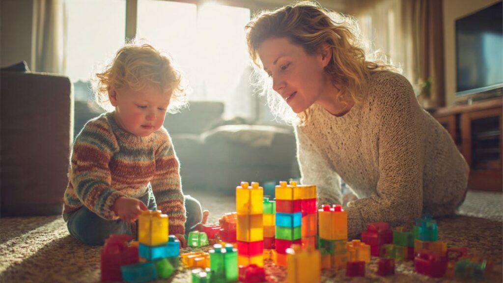 Parent and child playing with building blocks at home, representing early childhood emotional development