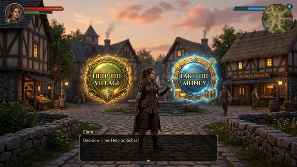 A game screen shows a character standing before two glowing choice buttons labeled "HELP THE VILLAGE" and "TAKE THE MONEY" with a peaceful fantasy village at dusk in the background. Represents how decisions in RPG games build identity and make stories feel personal.