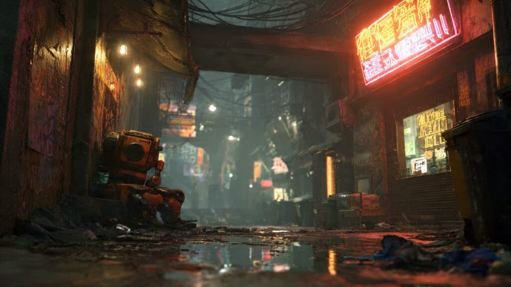 Gritty cyberpunk alley with broken robot sitting in rain showing imperfect futuristic world and emotional realism in gaming