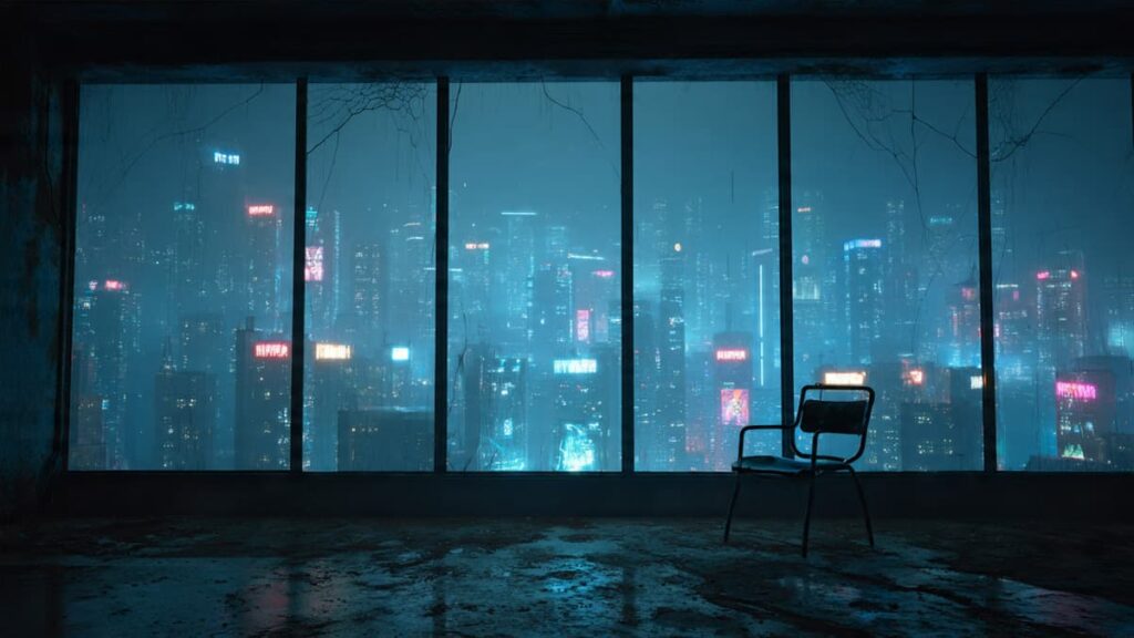 Cyberpunk city skyline seen through cracked window from dark room symbolizing contrast between real life and virtual world